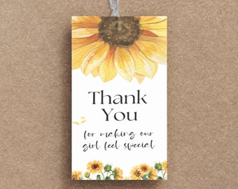 Editable Sunflower Baby Shower Favor Tag Template, Floral Yellow Sunflower Theme, Printable Custom Favor Tags