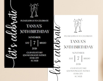 Let&#39;s Celebrate Invitation Template, Editable Surprise Birthday Party Invite, Anniversary Invites, Black and or White Digital Invite.