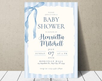 May include: Baby shower invitation with a light blue ribbon and text. The invitation includes the words "Baby Shower" and the name "Henrietta Mitchell". The date is July 07, 2029, at 6 PM.