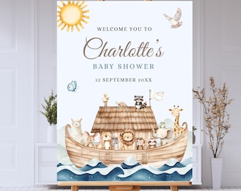 Cartello di benvenuto per baby shower a tema Arca di Noè, modello modificabile per feste con animali, storia della Bibbia, invito biblico a tema Arca di Noè