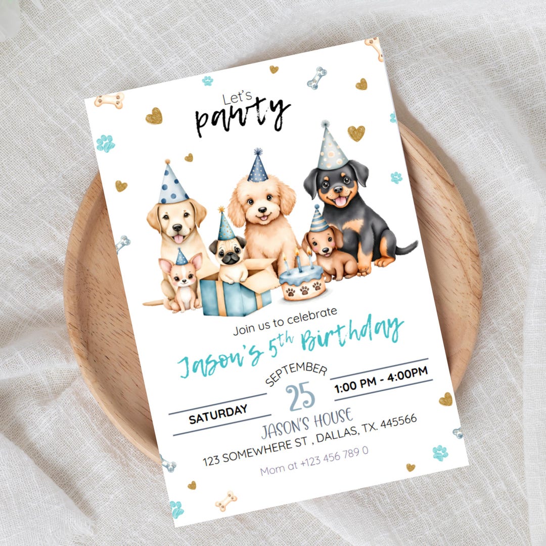 Printable Blue Puppy Birthday Invitation, Editable Dog Birthday Party ...