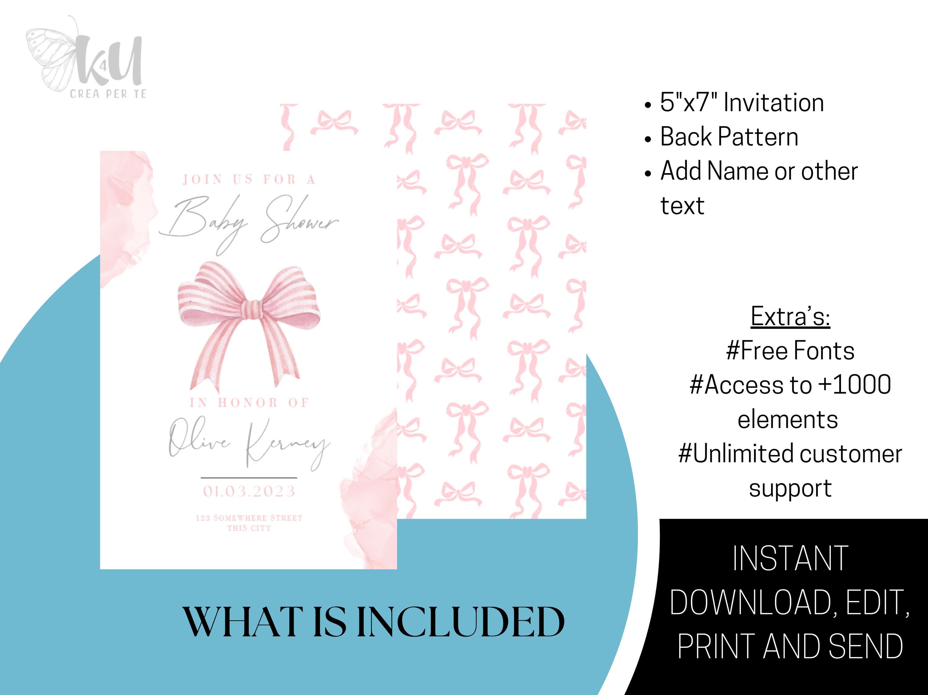 Blush Pink Bow Baby Shower Invitation Editable Elegant Watercolor ...