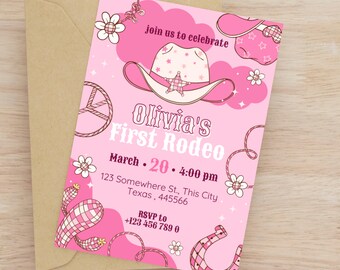Pink First Rodeo Birthday Invitation, Editable Western Cowgirl Party Invite ,Girl’s 1st Rodeo Template, Country Themed Birthday GBP11