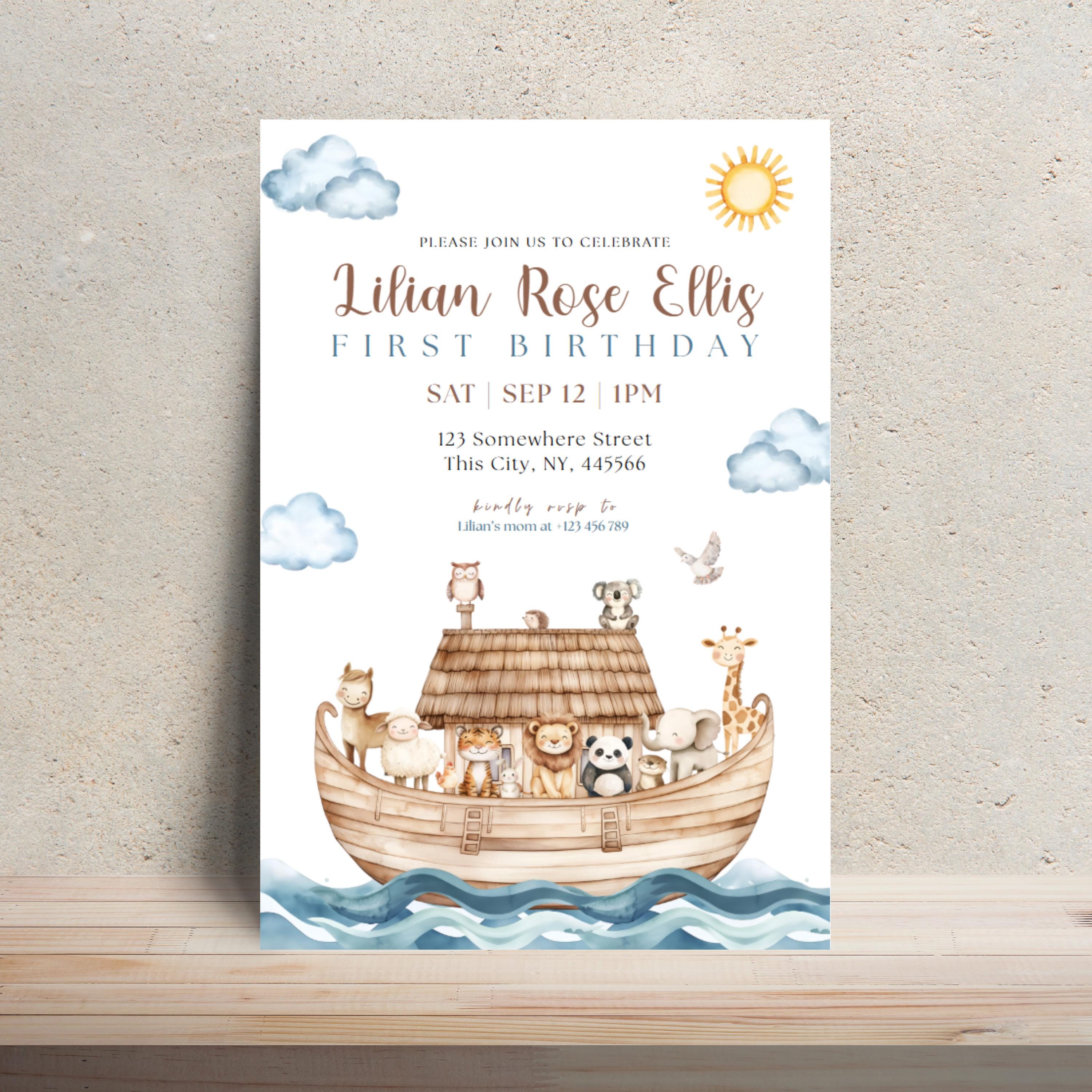Noah's Ark First Birthday Invitation, Editable Baptism Animals Party Template, Bible Story, Noah's Ark Biblical Invite, Instant Download