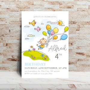 Invitación de cumpleaños con globos para niños / Plantilla editable con estilo de dibujos animados / Invitación para fiesta de 4.º cumpleaños para niño o niña / Diseño imprimible
