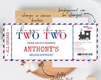 Train Birthday Ticket Invitation, Choo Choo Train Ticket Kids Invite, Blue Boy Boarding Pass, Barcode, Digital Editable Printable