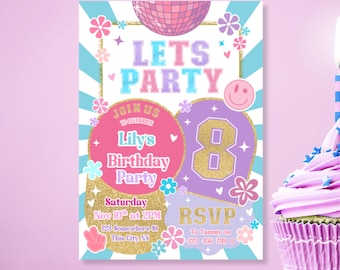 Groovy Disco Party invitation, 70's retro hippie smiley daisies, Blue girl disco dance party groovy invite, Disco Ball, 8th Birthday Invite