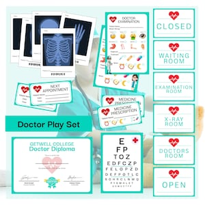 May include: A doctor play set featuring x-ray images, doctor's examination charts, medicine prescriptions, and room signs. Includes a diploma and an eye chart. The set is designed with a heart and pulse symbol.