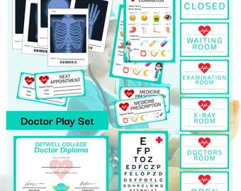 Printable Doctor Pretend Play Set for Kids – 15 Page PDF – Doctor Role Play Kit with X-Rays, Diploma, Eye Chart, Prescription & Room Signs
