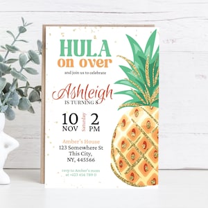 Tropical Luau Birthday Invitation - Hula Party Invite for Girls - Glitter Pineapple Editable Template - Summer Pool Party Digital Download