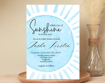 Editable Sunshine Baby Shower Invitation, A Little Ray Of Sunshine Baby Shower Invite, Blue Baby Boy Sunshine Baby Shower