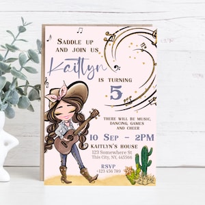 Faire-part d'anniversaire cow-girl, invitation Western Girl, thème de la musique country, modèle d'anniversaire en selle, invitation modifiable pour rodéo fille 5e