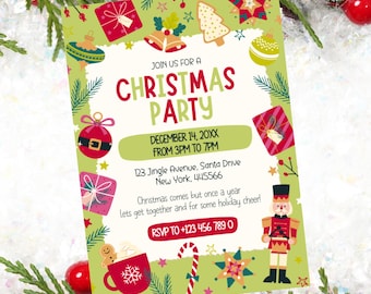 Uitnodiging kerstfeest, uitnodiging vakantiefeest, feestelijke kinderkerstsjabloon, bewerkbare winterfeestuitnodiging, direct downloaden