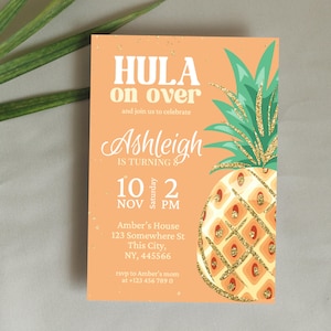 Tropical Luau Birthday Invitation - Hula Party Invite for Girls - Glitter Pineapple Editable Template - Summer Pool Party Digital Download