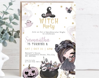 Puede incluir: Una tarjeta de invitación con temática de Halloween con un tema de fiesta de brujas. La tarjeta presenta ilustraciones de un sombrero de bruja, un murciélago, un fantasma y un caldero. El texto dice "Witch Party" y "Samantha cumple 6 años". La tarjeta está decorada con estrellas y remolinos dorados.