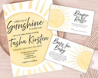 Editable Sunshine Baby Shower Invitation, A Little Ray Of Sunshine Baby Shower Invite, Gender Neutral Sunshine Baby Shower Bundle
