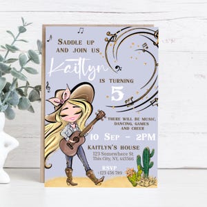 Faire-part d'anniversaire modifiable cow-girl, invitation Western Girl, thème de la musique country, modèle d'anniversaire en selle, 5e invitation rodéo fille