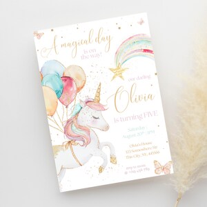 Editable Unicorn Birthday Invitation Girl – Balloon & Rainbow Magical Party Invite – 5th Birthday Template – Instant Download Printable