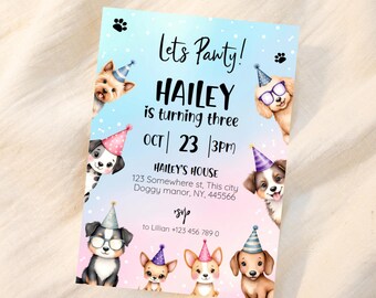 Lets Pawty Puppy Birthday Invitation, Dog Party Invite for Kids, Printable Birthday Template