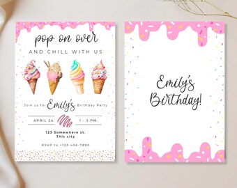 Invito per festa del gelato / Tema con granelli rosa e bianchi / Invito di compleanno modificabile con gelato / Download immediato