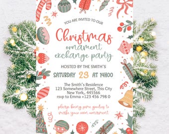 Invitación para intercambiar adornos navideños, invitación editable para fiestas navideñas, plantilla festiva de Navidad, imprimible