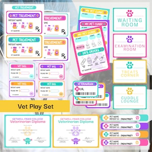 May include: A colourful vet play set featuring cards and forms like "Pet Treatment" and "Vet Bill." The set includes diplomas and signs for a pet clinic, all with playful designs and text, perfect for imaginative play.