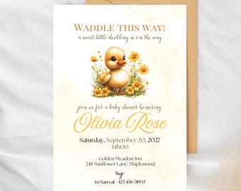 Sweet Yellow Duckling Baby Shower Invitation,  Cute Little Duck Pastel Baby Shower Invite, Baby Shower Printable Editable Template