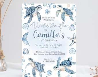 Under the Sea Birthday Invitation • Girl Turtle Ocean Party • Editable 5th Birthday Invite • Canva Template • Sea Animals Theme Party