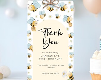 Bienen-Geburtstags-Favor-Tag, Einladung zum ersten Bienentag, Honigbienen-Partydekor, Bienen-Thema-Geburtstag, bearbeitbare Dekorationsvorlage EUR9