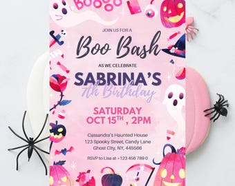 Boo Bash Halloween-födelsedagsinbjudan flicka | Söt läskig spöke rosa festinbjudan | Redigerbar mall Canva HBP7