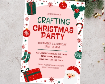 Op de afbeelding: Een feestelijke uitnodiging voor een Crafting Christmas Party. De uitnodiging heeft een roze achtergrond met rode en groene kerstillustraties. De tekst luidt "Crafting Christmas Party" met evenementdetails, inclusief datum, tijd en locatie.