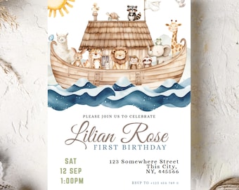 Noah&#39;s Ark Birthday Invitation, Editable Baptism Animals Party Template, Bible Story, Noah&#39;s Ark Biblical Invite, Baby Shower GNP001