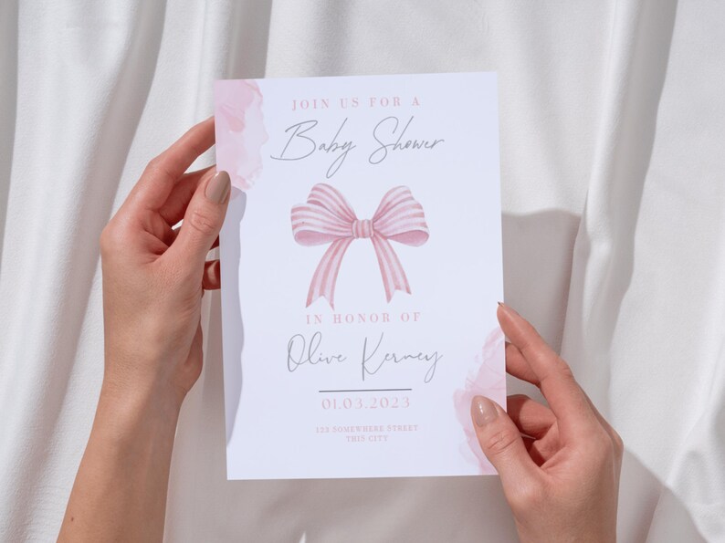 Blush Pink Bow Baby Shower Invitation Editable Elegant Watercolor ...