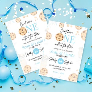 Milk And Cookies First Birthday Invitation ,EDITABLE Twins One Sweet Cookie,  Boy 1st Birthday Party Invite, Instant Digital Download