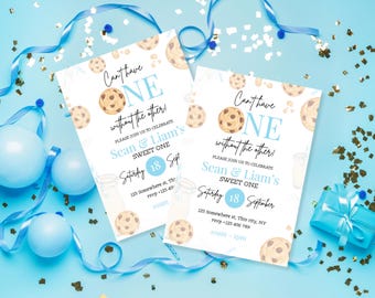Milk And Cookies First Birthday Invitation ,EDITABLE Twins One Sweet Cookie,  Boy 1st Birthday Party Invite, Instant Digital Download