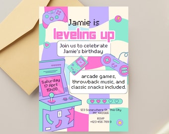 Retro Arcade Gamer Birthday Invitation, Editable Video Game Party Template, Pixel Leveling Up Birthday Invite