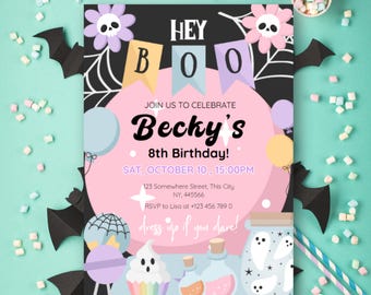 May include: A Halloween party invitation with the words "HEY BOO" and "Becky's 8th Birthday!" in a whimsical style. The design features bats, skull flowers, and decorative elements in pink, purple, and black.