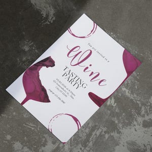 May include: A white invitation card with pink watercolour wine glass designs. The text reads "You are invited to a Wine Tasting Party" with the date, time, and address.