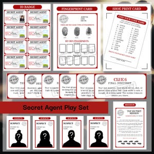 Conjunto de brinquedos infantis de agente secreto, kit de espionagem para impressão, cartões de missão, impressões digitais, pegadas, crachás de identificação, download instantâneo, atividade de dramatização