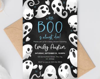 Halloween Ghost Boy Baby Shower Invitation, A Little Boo Is Almost Due, Ghost Boy Baby Shower Invite, Blue and Black Template Editable HBS2