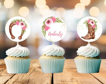 EDITABLE Horse Birthday Cupcake Toppers, Cowgirl Decor, Horse Birthday, Horse Invite, Cowgirl Party, Pink Floral Birthday Decoration GBP002