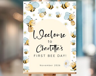 Bienen-Geburtstags-Willkommensschild, Einladung zum ersten Bienentag, Honigbienen-Partydekor, Bienen-Thema-Geburtstag, bearbeitbare Dekorationsvorlage EUR 9