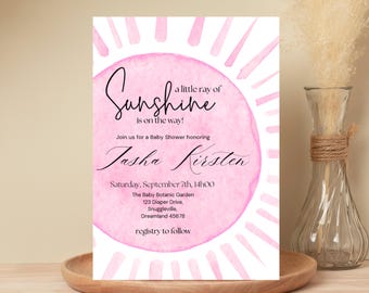 Editable Sunshine Baby Shower Invitation, A Little Ray Of Sunshine Baby Shower Invite, Pink Baby Girl Sunshine Baby Shower