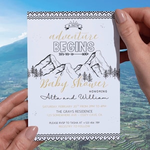 Adventure Awaits Baby Shower Invitation , Mountains Tribal themed Invite , Black and White Gender neutral, Editable Printable
