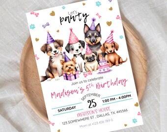 May include: A birthday party invitation with illustrations of puppies wearing party hats. The invitation says "Let's party" and announces "Madison's 5th Birthday" on September 25th, 1:00 PM - 4:00 PM, with an address and phone number.