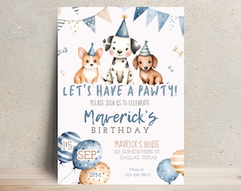 Op de afbeelding: Een verjaardagsuitnodiging met drie cartoonhonden met feesthoeden. De uitnodiging bevat de tekst "Let's Have a Pawty!" en "Maverick's Birthday". Blauwe en gouden ballonnen en slingers versieren de uitnodiging.