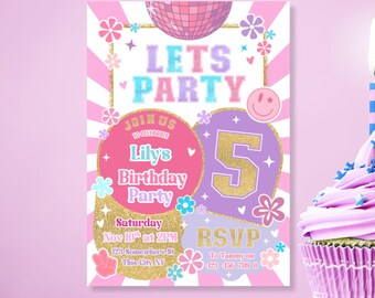 5th Birthday Groovy Disco Party invitation, 70's retro hippie smiley daisies, Five Pink gold disco dance party groovy invite, Disco Ball