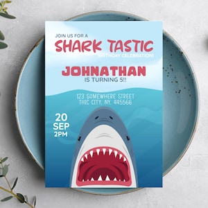 Shark Birthday Invitation Boy | Ocean Shark Party Invite | Editable Shark Tastic Birthday Template | Jaws Theme Instant Download BBP002