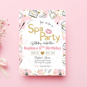 Gold Glitter Pink Spa Party Invitation Girl Editable Makeup Birthday Invite Tween Pamper Party Printable Template