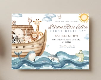 Noah&#39;s Ark First Birthday Invitation, Editable Baptism Animals Party Template, Bible Story, Noah&#39;s Ark Biblical Invite, Instant Download